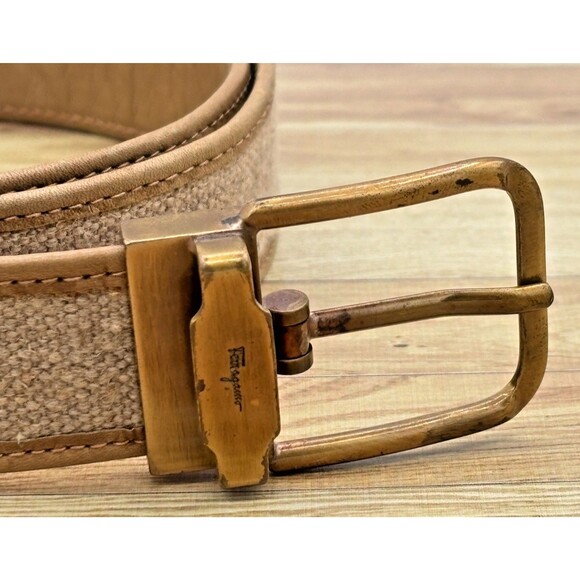 Vintage Salvatore Ferragamo Italy Mens Belt Tan Tweed Leather Brass Buckle 36-38 - Picture 6 of 14